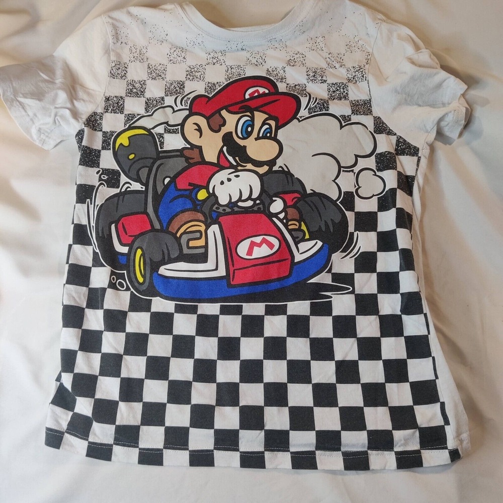 Mario Boys Shirt White Checkered Mario Graphic Short Sleeve Size XL 14/16 Gaming